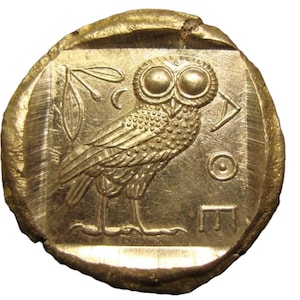 Reproduktion einer Athener Tetradrachme (450 v. Chr.) mit der Eule der Athene