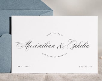 Sophisticated Elegant Calligraphy Save the Date Template, Classic Style with Curve Typographic Design, Script and San Serif Font