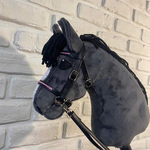 Realistic DARK GRAY hobby horse on a stick + bridle with reins + treat for a horse (carrot).