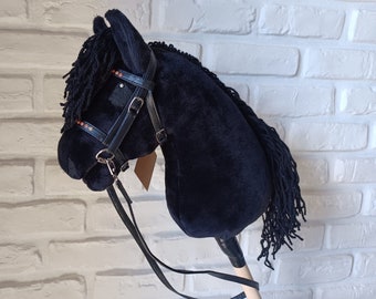 Realistic Hobby Horse BLACK FRIESIAN / stickhorse with bridle and reins + stick + accsesories (treat for a horse).