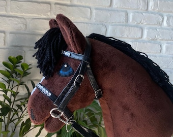 CHOCOLATE hobby horse on a stick with bridle, halter and accessories.