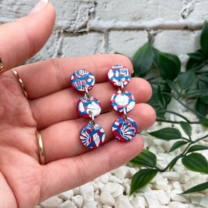 Handmade Polymer Clay Trio Round Dangle Earrings – Red, White & Blue, Epoxy Finish, Lightweight, Stainless Steel Studs – Unique Gift for Her