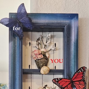 Vintage Wood Frame Shelf, Ceramic Pots, Faux Butterflies Decor