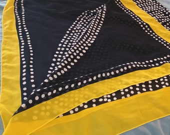 cool design Vintage  large scarf,with white polka dots on black with yellow trim.