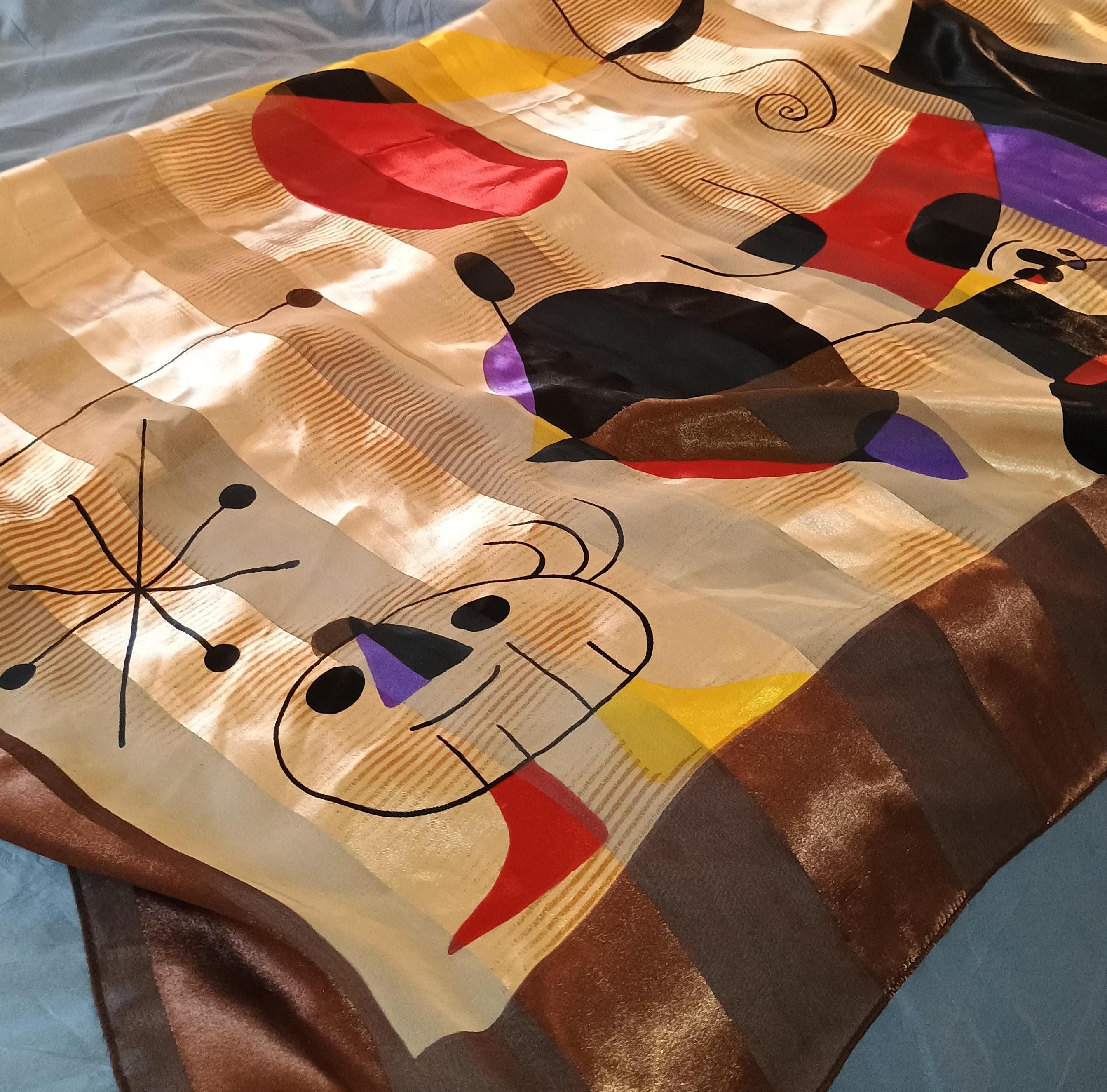 silk Picasso Type scarf  large with figurines of faces, geometric charcters and lines