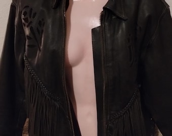 Vintage Leather Jacket DREAM APPAREL  XXL  with rose and fringe Motorcyle Heavy jacket.