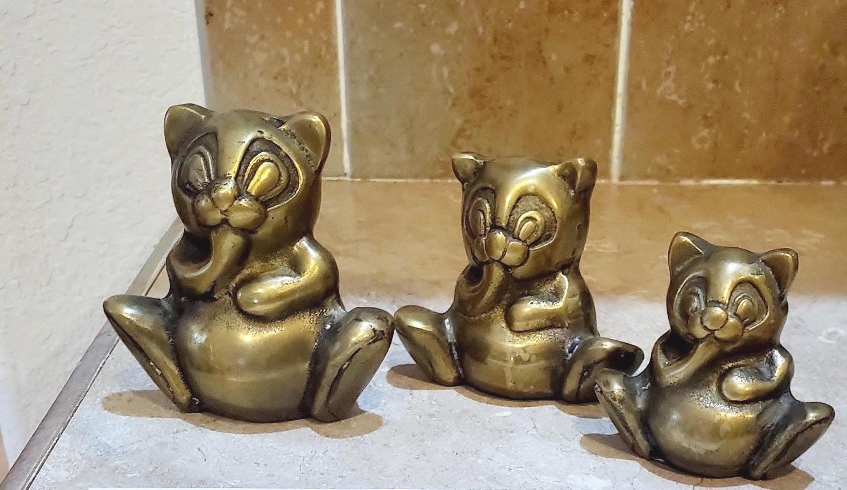 Brass Kitty's Set of Three With Vintage for Gift Giving. 3