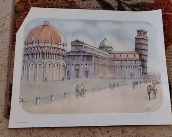 Leaning Tower OF PISA Italy Plazza Del Duomo Lithograph water color print signed SALE now only 25.00