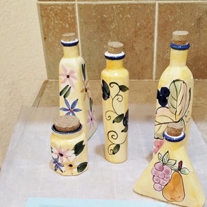 Vintage ceramic pottery bottles with corks small set of 5 unique gift
