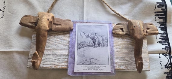 Vintage Carved Wood Elephant Plaque with Alice Woodward Mastodon Postcard