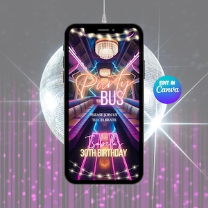 VIP Party Bus Birthday Digital Video Invitation Template, Editable Neon Glow Birthday Party Evite, Modern Glam Party Bus Invite, Limo Party
