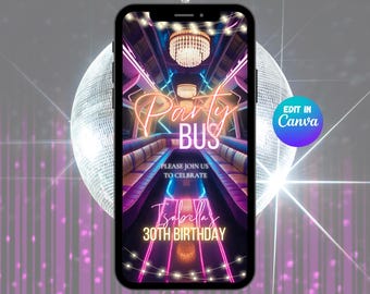 Convite de aniversário com vídeo para festa em ônibus de luxo, modelo animado para Canva com tema de boate neon, convite em formato MP4 com texto, 275