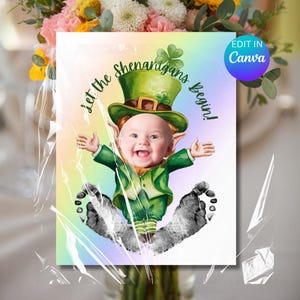 Foto ricordo dell'impronta del piede del giorno di San Patrizio, attività di bricolage modificabile del primo folletto del bambino, impronta della mano stampabile per bambini piccoli in asilo nido e scuola materna