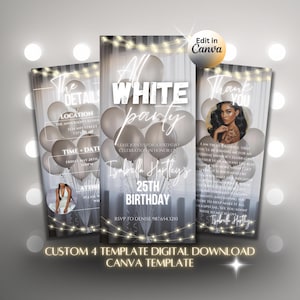 May include: A digital invitation template set for an All White Party 25th birthday celebration. The design features white balloons, string lights, and text including The Details, Thank You, and Isabella Hartley. Includes a Canva edit button.