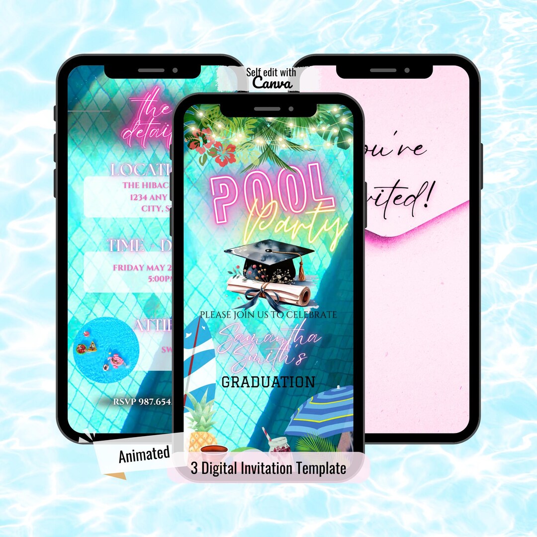 Graduation Pool Party Invite Template, Digital Girls Pink Class of 2026 ...