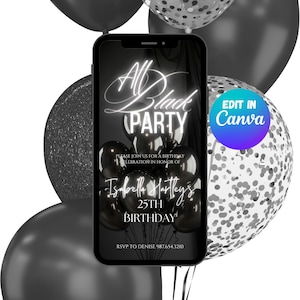 All Black Party Invitation Template, Birthday Dinner Invite, All Black Birthday Affair Itinerary, Black Birthday Party, Editable Canva Evite
