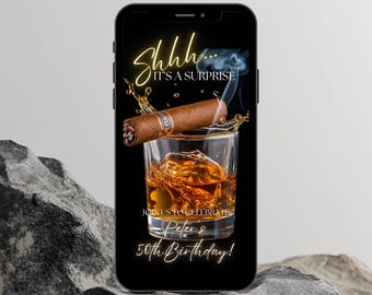 Digital Mens Surprise Birthday Party Invite Template, Whiskey Theme Invite, Personalized Any Age 30th 40th 50th 60th, Cigar Party Evite, 112