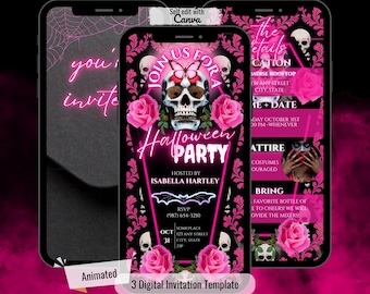 Convite de Halloween com caveira rosa neon gótica e borboleta, caixão com rosas grunge, arquivo digital editável para download no Canva.