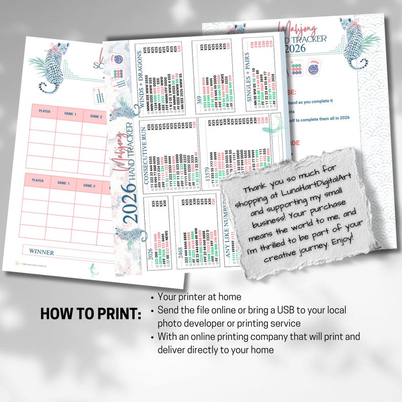 K&ouml;nnte beinhalten: Ein 2026 Mahjong Hand-Tracker-Scoreblatt-Set mit Leoparden-Illustrationen, Spielrastern und Wertungskategorien. Ein Zettel aus zerrissenem Papier enth&auml;lt den Text: Thank you so much for shopping at LunaHartDigitalArt and supporting my small business!