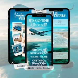 May include: Three smartphone screens displaying a digital invitation template for a Costa Rica birthday escape. The central phone shows an airplane over a scenic landscape, with text reading "It's Go Time & You're Invited." Other screens show vacation photos and itinerary details.