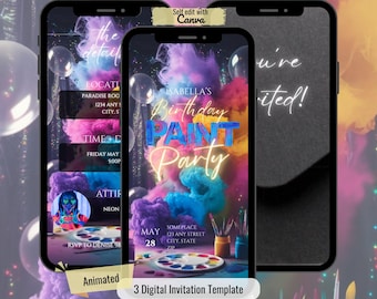 Puede incluir: Plantilla de invitación digital animada para una fiesta de pintura de cumpleaños. La plantilla presenta un fondo colorido con salpicaduras de pintura y un letrero de neón que dice "Birthday Paint Party". El texto "You're Invited!" está sobre un fondo negro. La plantilla también incluye detalles como la fecha, la hora, la ubicación y la información de RSVP.