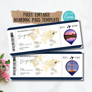 Modèle modifiable de carte d'embarquement, billet d'avion personnalisé imprimable, cadeau de carte d'embarquement à faire soi-même, anniversaire d'un amateur de voyage ou cadeau d'anniversaire