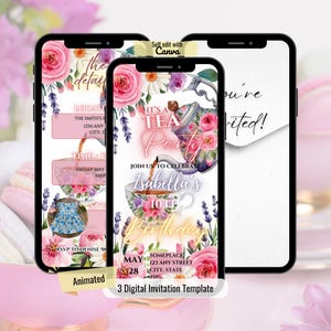 Tea Party Invitation Template, Editable Whimsical Tea Birthday Animated Invitation, Pink Par-tea Digital Invitation Video, High Tea Floral