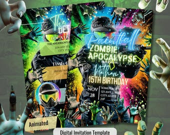 Convite de aniversário com tema de paintball zumbi, flyer para festa de adolescente, festa apocalíptica (download 5x7)