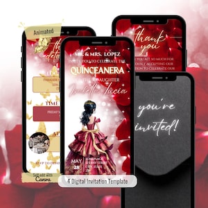 Rotgold Quinceanera Einladungsvorlage, Burgunderrot Gold Quinceamaßa Einladung, Mis Quince Rote Rose Geburtstagseinladung, 15.Geburtstag