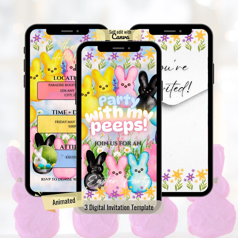 May include: Three digital invitation templates for an Easter party with a "Party with my peeps!" theme. The templates feature colorful Peeps marshmallow candies and a bunny rabbit with an Easter egg. The text "Self edit with Canva" is at the top of the image.