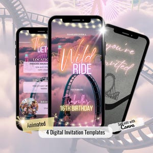May include: Four digital invitation templates on smartphones. The invitations have a roller coaster theme with the text "Wild Ride" and "Isabella's 16th Birthday". The design includes a Ferris wheel, string lights, and a cloudy sky.