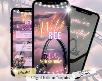 Convite de aniversário animado em vídeo com tema de montanha-russa, convite digital para festa de 16 anos em parque de diversões, aniversário adolescente radical, aniversário rosa neon.