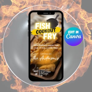 May include: A smartphone screen displays a "Fish Cookout Fry" invitation. The design features fried fish, a skillet graphic, and text: "Fryin' fish and feelin' fine, pull up for a good time!" Hosted by The Anderson's, May 28.