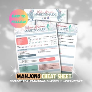 May include: A Modern American Mahjong Guide printed on white paper, featuring sections for tiles, the Charleston, game flow, and joker rules. The document includes text, icons, and color-coded boxes in pink, blue, and green, with a circular graphic.