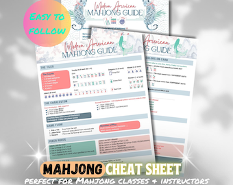 May include: A Modern American Mahjong Guide printed on white paper, featuring sections for tiles, the Charleston, game flow, and joker rules. The document includes text, icons, and color-coded boxes in pink, blue, and green, with a circular graphic.