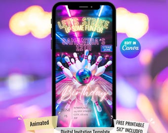 Convite de aniversário rosa neon para boliche, modelo animado e editável do Canva, festa com luzes de boliche, convite digital para festa de adolescentes, crianças e adultos.