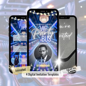 Invito video commemorativo per anniversario con party bus VIP blu neon reale: invito digitale in limousine (download digitale), video animato per cellulare.