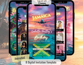 May include: A digital invitation template for a 30th birthday party in Jamaica. The invitation features a plane flying over a tropical sunset with the text "Join us in Jamaica" and "Isabella Hartley's 30th Birthday". The invitation also includes the dates of the party, April 11th - April 13, 2030, and the location, Montego Bay, Jamaica. The invitation is designed to look like a smartphone screen.