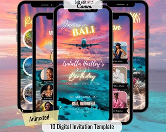 Puede incluir: Una plantilla de invitación digital en la pantalla de un smartphone, con un fondo de puesta de sol tropical. La invitación dice "Join us in Bali" para el 30 cumpleaños de Isabella Hartley, con detalles del evento e información de RSVP. La plantilla está animada.