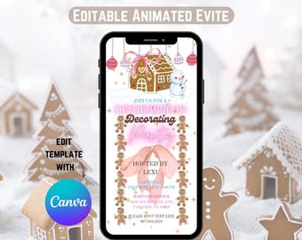 Convite para festa de decoração de biscoitos de gengibre Pink Coquette, modelo editável no Canva (download digital)