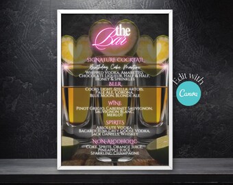 Neon Cocktail Bar Menu Template: Editable Drink Sign (Digital Download, 8x10)