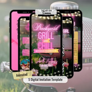 Puede incluir: Una plantilla de invitación digital para una fiesta de cumpleaños con barbacoa en el jardín. El diseño presenta una parrilla rosa, luces de cadena y el texto "Backyard Grill and Chill" con el nombre y la edad del homenajeado. La plantilla está animada.