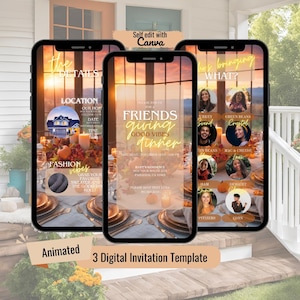May include: Three smartphone screens displaying a digital Friendsgiving dinner invitation template. The designs feature a sunset background, text including Friendsgiving Good Vibes Dinner, and circular photo placeholders for event details and guest lists.