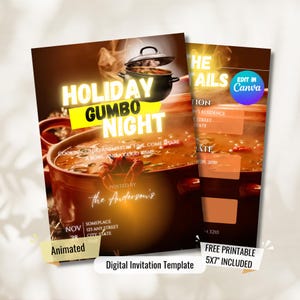 Animerad inbjudan till skaldjursgumbo: Cajun Feast Evite (digital nedladdning, redigerbar Canva-mall)
