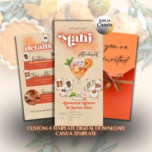 May include: A set of three digital invitation templates for a Mahjong-themed Thanksgiving potluck feast. The designs feature warm orange and cream tones, illustrations of Mahjong tiles, a cocktail glass, and text including 'Mahj giving' and 'The details'.