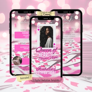 Plantilla para fiesta de la Reina de Corazones, invitación de cumpleaños para una noche de juegos, invitación editable para fiesta de pijamas en rosa, texto para fiesta de pijamas de mujeres, texto para fiesta de pijamas de niñas