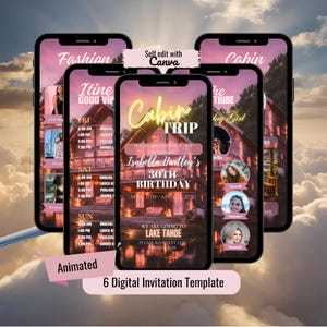 Girls Birthday Weekend Invite + Itinerary, Canva Editable Digital Invitation Template, Mobile Video & Print Birthday Weekend Cabin Trip