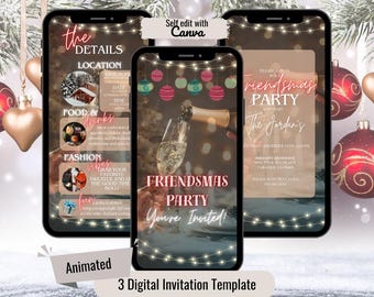 Convite em vídeo animado "Champanhe para o Natal entre Amigos", modelo editável em MP4 para Canva.