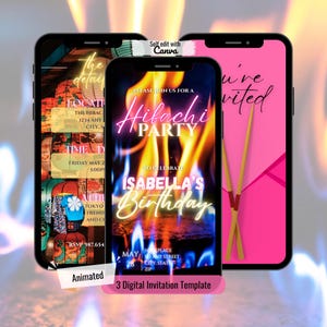 May include: Three digital invitation templates for a hibachi party. The first template features a fiery background with the text "Hibachi Party" and "Isabella's Birthday". The second template features a pink background with chopsticks and the text "You're Invited". The third template features a dark background with Japanese lanterns and the text "The Details".