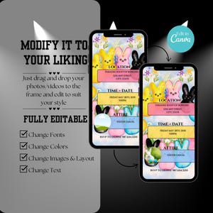 May include: Editable digital invitation template featuring a pastel pink, blue, and yellow Peeps bunny design. The text reads "Modify it to your liking" and includes instructions for customizing the invitation with photos, videos, and text. The invitation also includes details for a party at Paradise Rooftop Bowling, including the date, time, and attire.